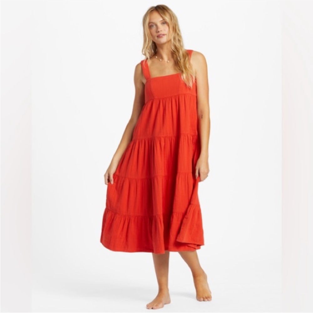 Billabong Linda Tiered Midi Dress NWT Orange Red Small